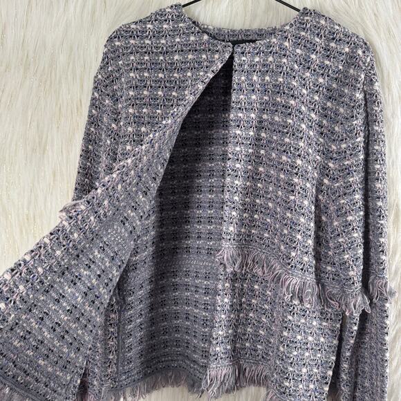 ST. JOHN Fall 2017 Ready-to-Wear Jacket Wool Blend Gray Fringed Open Size 10 - Picture 6 of 12